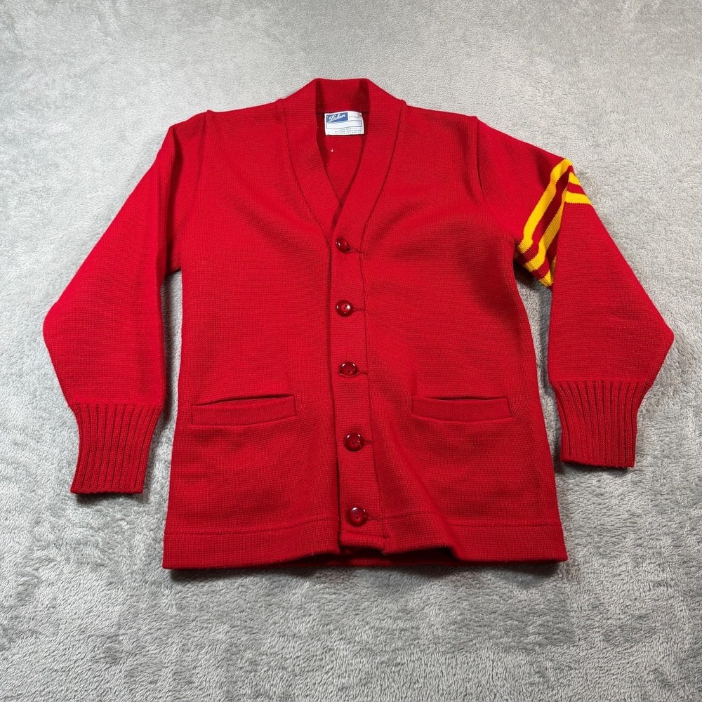 VINTAGE Dehen Varsity Cardigan Mens Small Red Sweater V-Neck Acrylic Tight-Knit